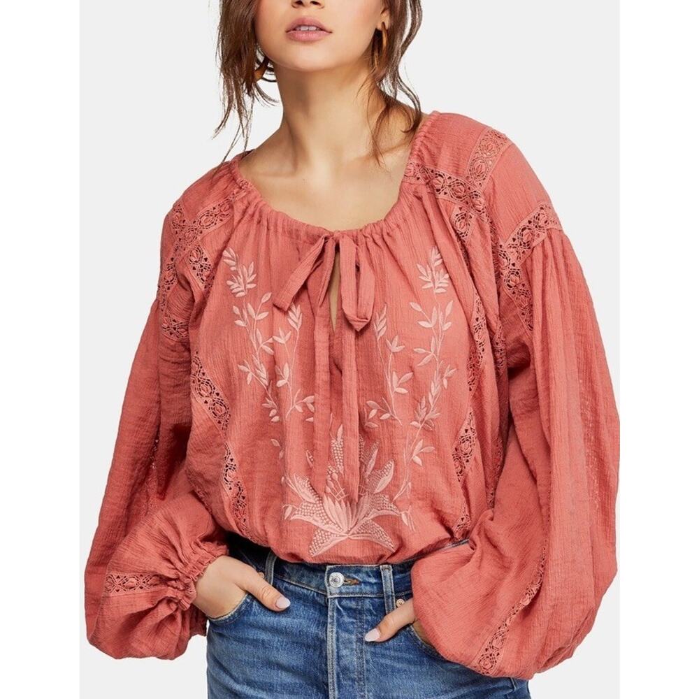 Free People Boho Peasant Top Coral Embroidered Gauze Crochet Balloon Sleeve M